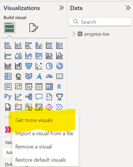 Power BI Desktop with Get More Visuals menu showing